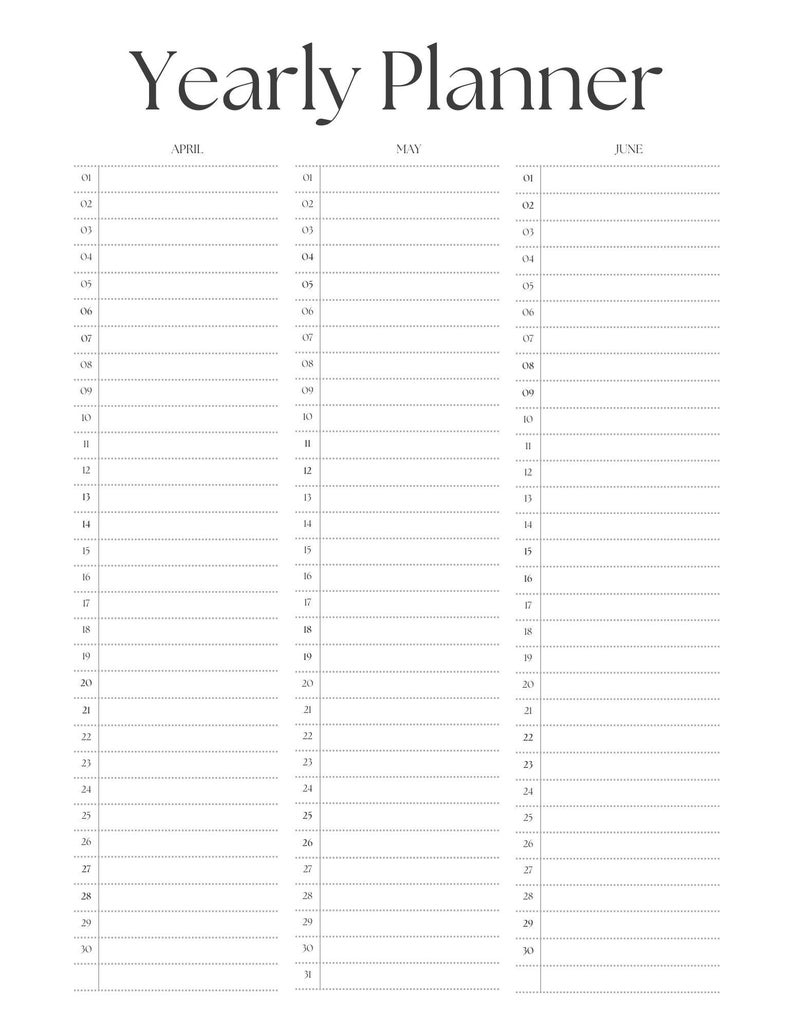 Op de afbeelding: Een zwart-witte printbare jaarplanner met drie kolommen met de labels April, Mei en Juni. Elke kolom heeft een genummerde lijst met dagen van 1 tot en met 31.