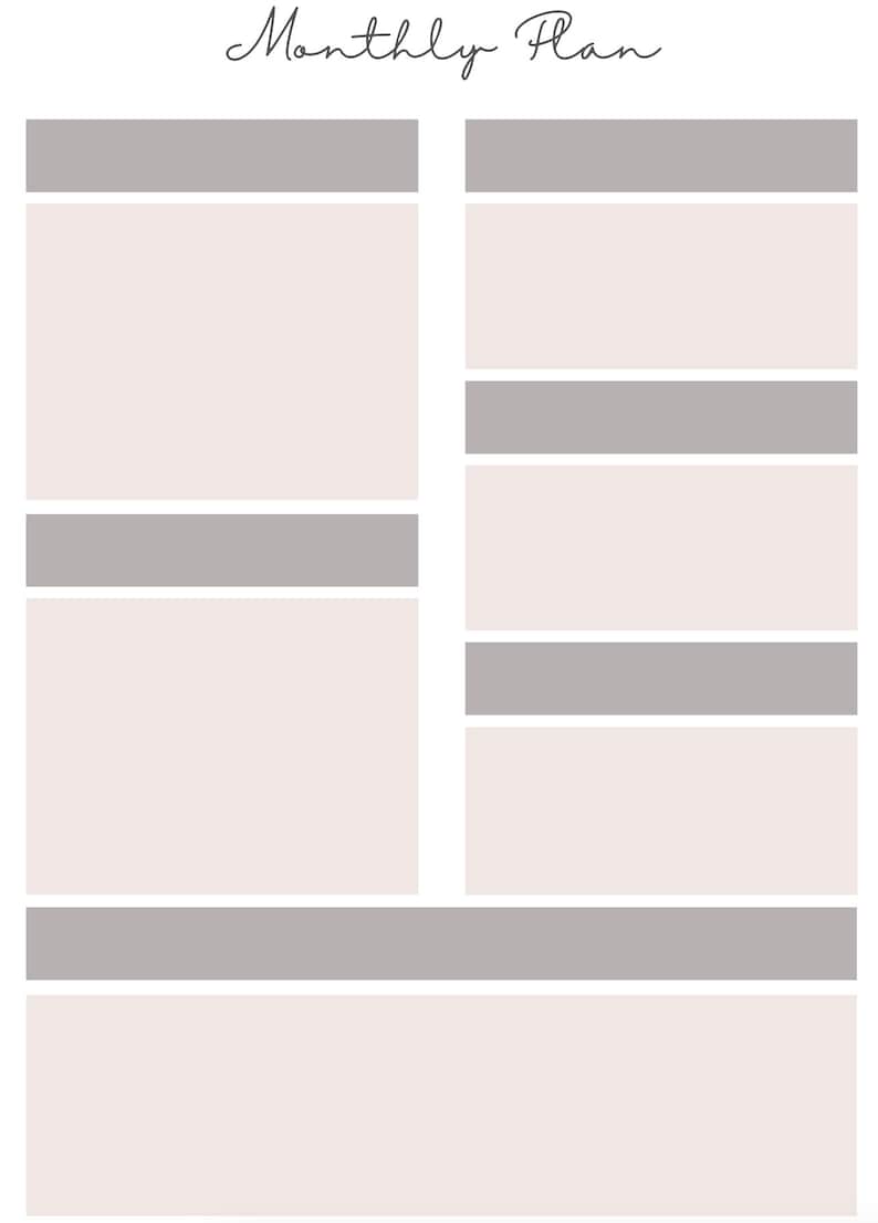 May include: A printable monthly planner with a gray and white color scheme. The planner is divided into sections with gray lines.