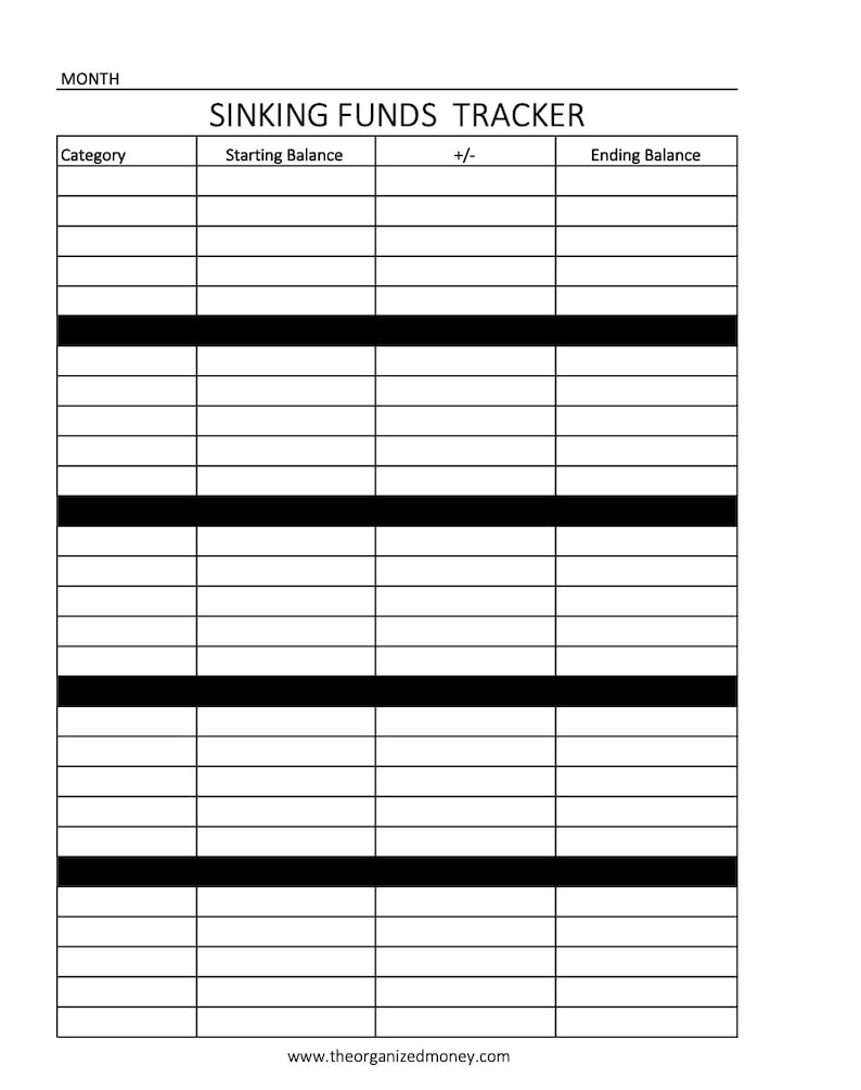 May include: A printable sinking funds tracker with columns for category, starting balance, plus or minus, and ending balance. The tracker is designed to help you save money for specific goals.