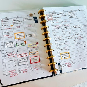 May include: A weekly planner with a black and gold binding. The planner is open to a page with a daily schedule for the week. The planner has a to-do list, a YouTube planning section, and a section for daily posts. The planner is decorated with stickers and drawings.