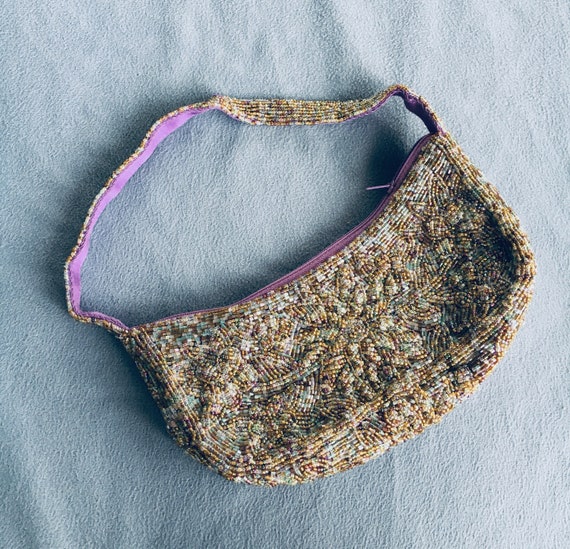 Vintage Fully Beaded Evening Bag in Dragonfly Colors of Purple and Green 1990/'s
