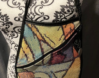 Vintage Handmade Cross body Bag in Artsy Abstract Fabric with Adjustable Strap 1990s