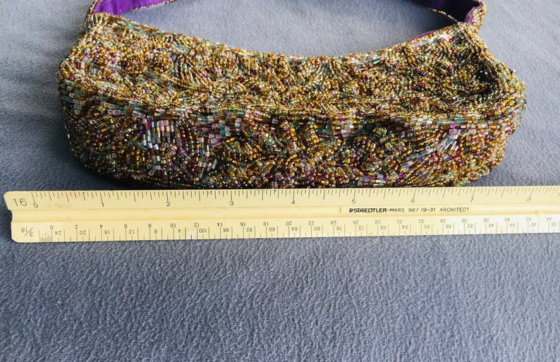 Vintage Fully Beaded Evening Bag in Dragonfly Colors of Purple and Green 1990/'s