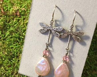 Botanical Fairy Earrings with Pink Freshwater Pearl Drops and Swarovski Crystals on Niobium