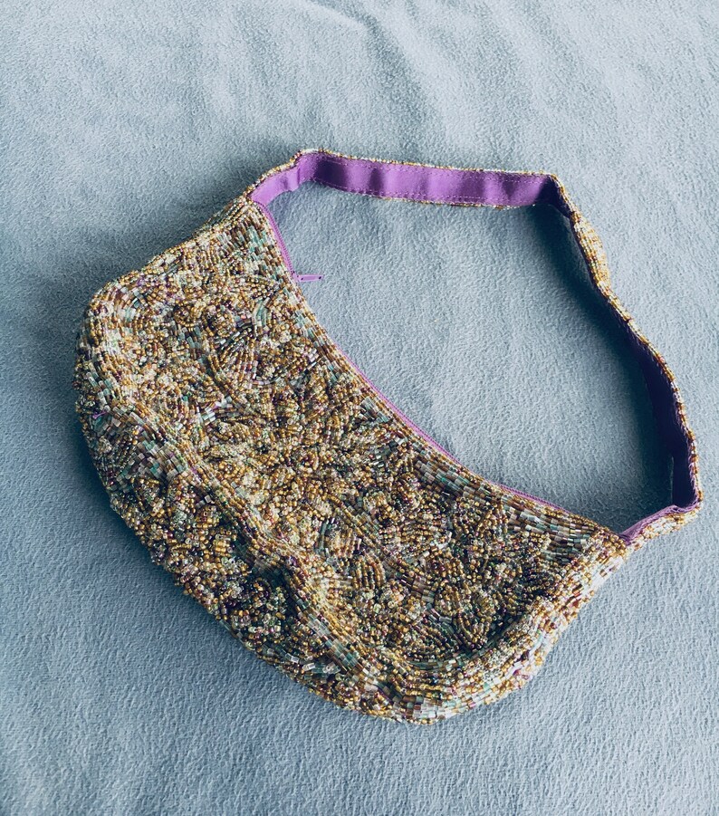 Vintage Fully Beaded Evening Bag in Dragonfly Colors of Purple and Green 1990/'s