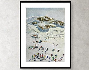 Original Watercolor Skiing Painting, Les Menuires Winter Art
