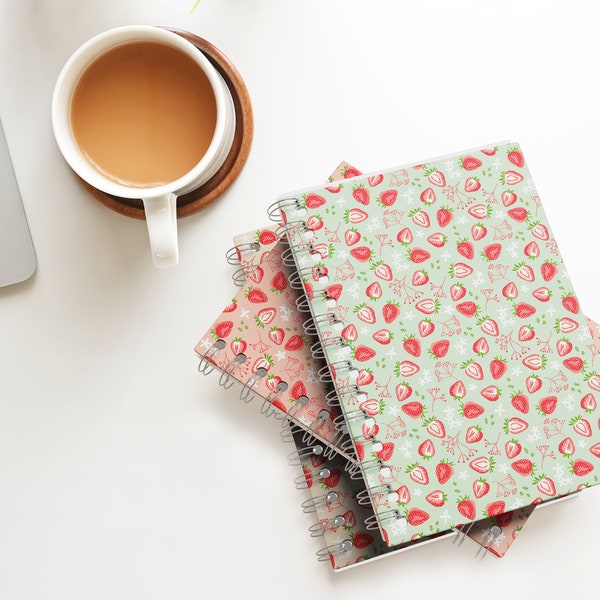Spiral Bound Notebook with Cute Strawberry Pattern Cover and Ruled Pages // Back to School Supplies // Gift for Artists, Writers, Planners