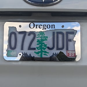 May include: A reflective Oregon license plate with the state name at the top. The plate features the state's outline, a green tree, and the text "072 JDF". The year "22" is visible on the right side.