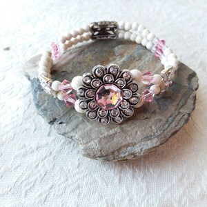 Women&#39;s cuff, Pink swarovski centred flower bracelet, beaded bracelet, with white turquoise and silver with Swarovski crystals