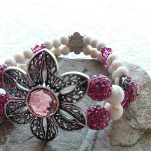 Women&#39;s beaded bracelet , handmade, pink  Swarovski floral center bracelet with White turquoise adorned with Swarovski Crystals side pieces