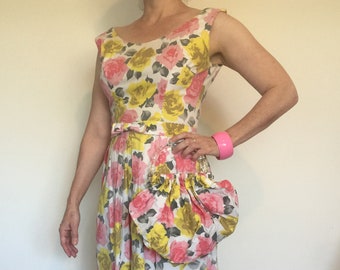 Yellow, pink and grey floral 50s frock with handbag