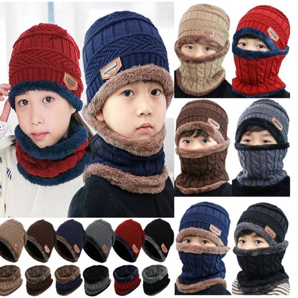 2 PCS Kids Boys Girls Winter Hat and Scarf Set, Warm Snow Knit Beanie Slouchy Skull Cap and Circle Scarf (5~14 Years Old)