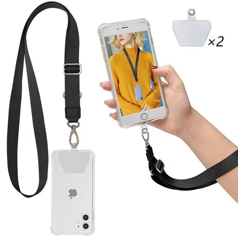Universal Nylon Phone Lanyard with 2 Durable Pads Adjustable to Wrist, Neck Strap or crossbody. Multi Colors available Perfect Gift Black