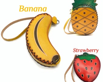 Vintage Genuine Leather Banana ,Strawberry or Pineapple Coin Purse with wrist strap; Removable strap  - Perfect Gift