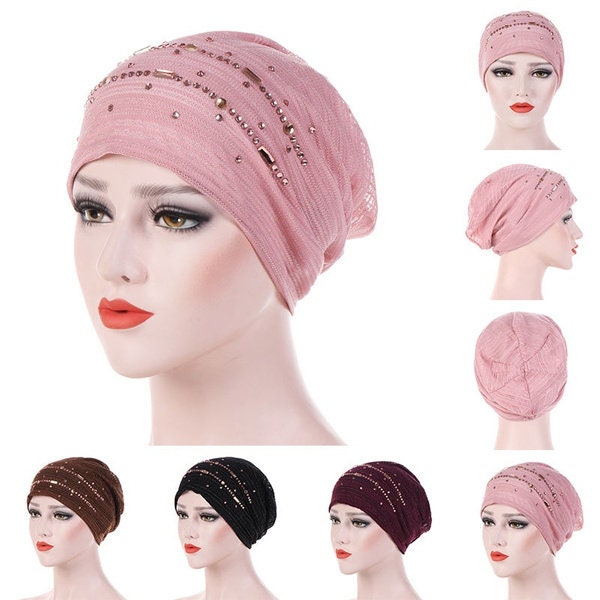 Women Fashion Cotton Beanie Hat Rhinestone Turban Cap Chemo Hat Muslim Hijab Beads Headwrap Headwear-Perfect Gift