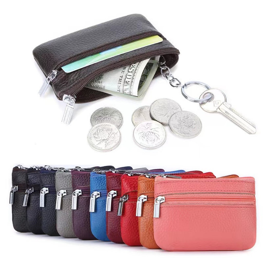 Genuine Leather Double Zipper Pockets Coin Purse Key Ring Mini - Etsy