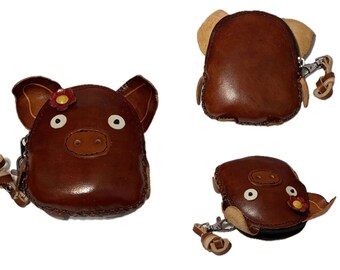 Vintage Genuine Leather 3D Animal Pig Coin Purse with Removable wrist strap