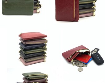 Genuine Soft Leather Double Zipper Coin Purse Change Purse Pouch with keychain Ring - Multi-Color - Perfect Gift