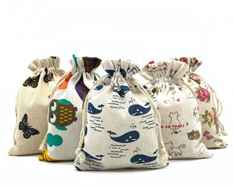 5pcs Printed Cotton Burlap Favor Gift Bags, Linen Jewelry Pouches with Drawstring for Gifts Jewelry and Storage