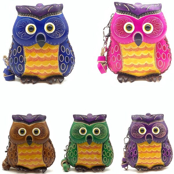 Handmade Vintage Genuine Leather 3D Animal Owl Coin Purse with Removable Wrist Strap - Perfect Gift