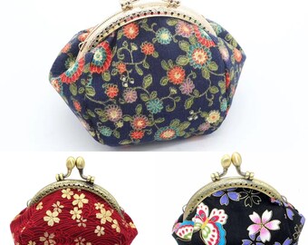 Handmade Canvas Floral Coin Purse Vintage Pouch Buckle Clutch Bag Kiss-lock Change Purse Floral Clasp Closure Wallets For - With Gift Bag