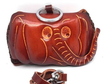 Genuine Leather Wallet Handmade Animal Elephant Money Coin Purse Brown