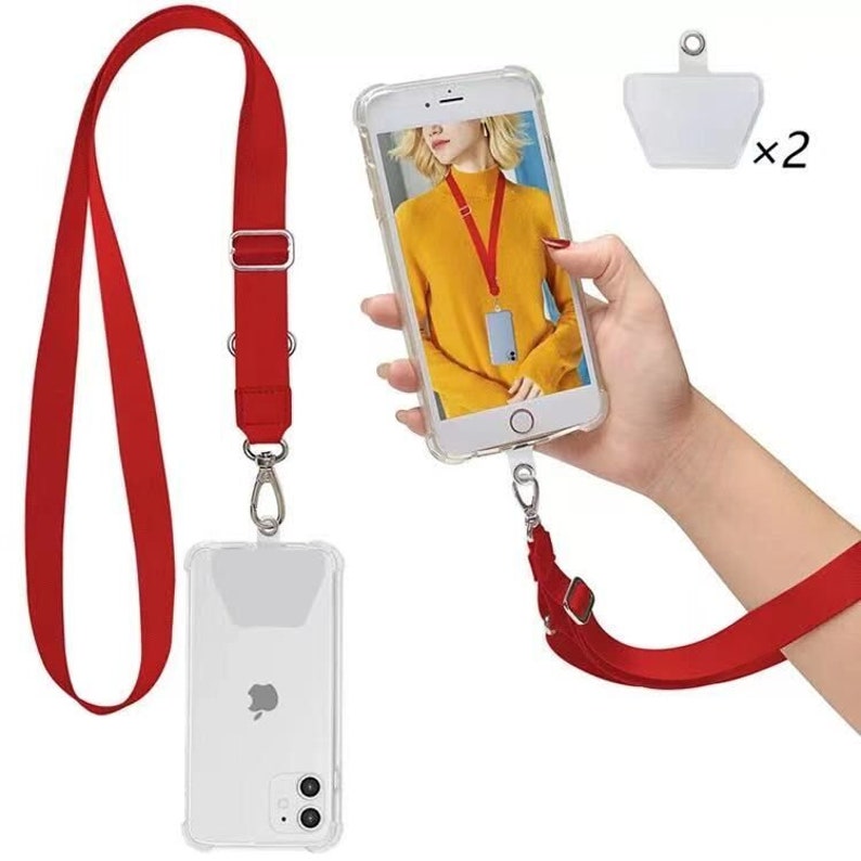 Universal Nylon Phone Lanyard with 2 Durable Pads Adjustable to Wrist, Neck Strap or crossbody. Multi Colors available Perfect Gift Red