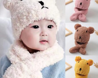 Cute Soft Winter Baby Girl Boy Toddler Cartoon Bear Ears Hat Scarf Set (6-36 months)