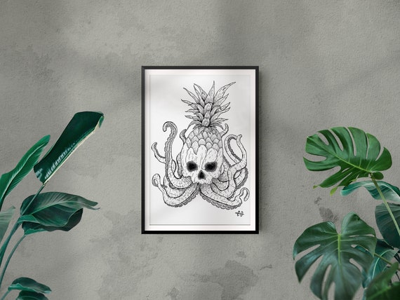 オリジナル絵画　　パインスカル Art Print Skull Pineapple | Skull Pineapple Octopus Sketch