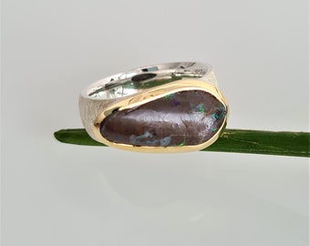 Bague boulder opale argent taille 56, bague opale boulder opale, bague bicolore avec opale,