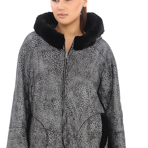 Spanish lamb shearling sheepskin women’s coat, plus sizes up to 7XL, reversible design, elegant suede side classy fur side, Rex Rabbit Trim