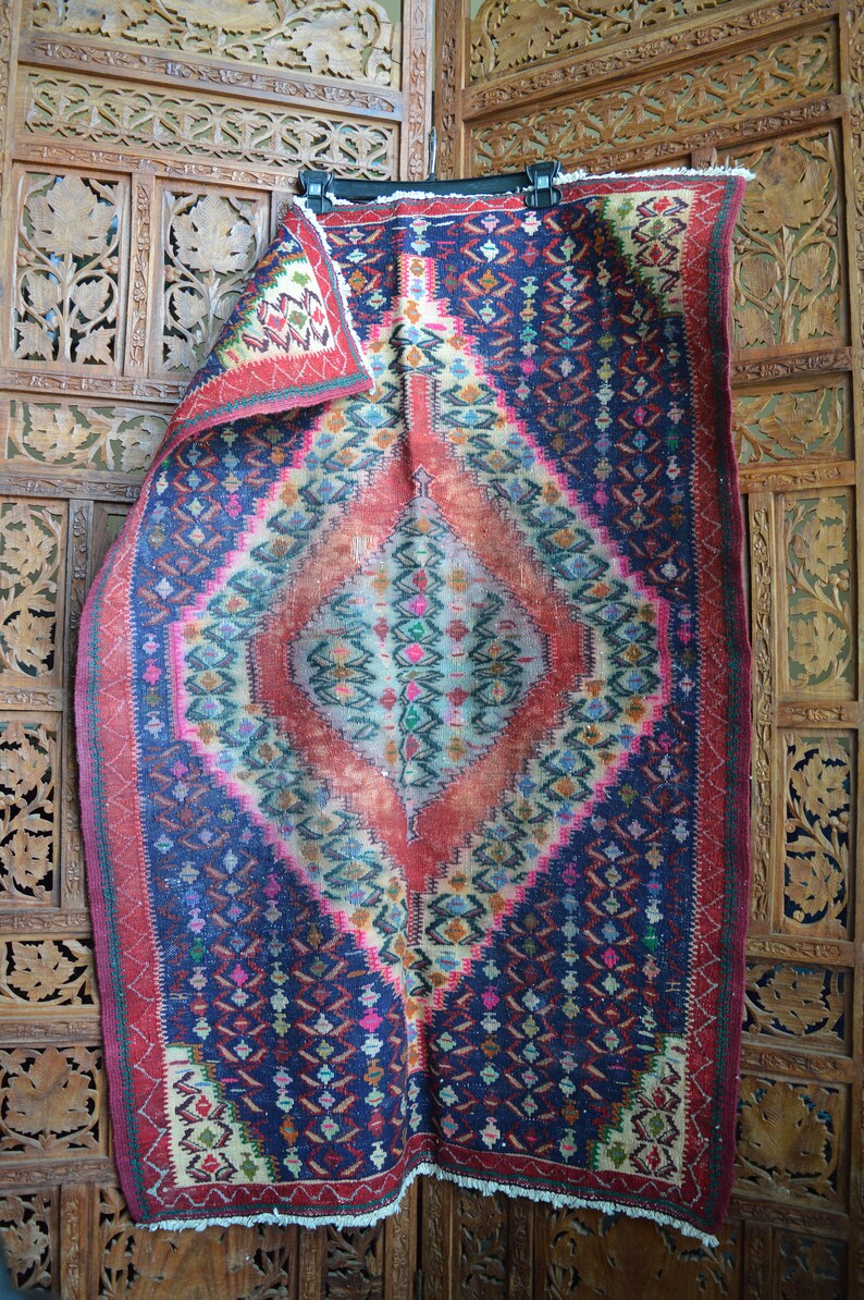 Colorful Vintage Rug Vintage Woven Rug Flat Weave Kilim Rug Fringed Rug Flat Weave Vintage Rug Distressed Rug Blue Vintage Rug