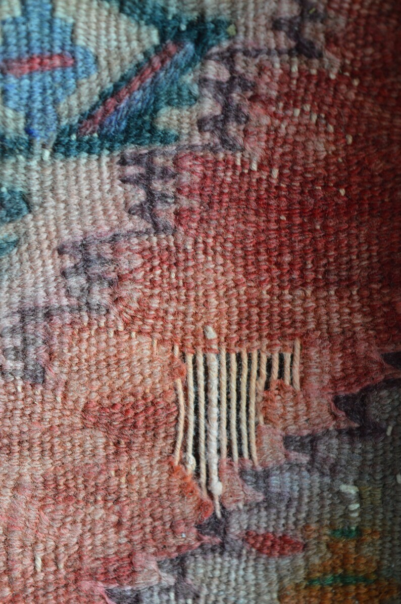 Colorful Vintage Rug Vintage Woven Rug Flat Weave Kilim Rug Fringed Rug Flat Weave Vintage Rug Distressed Rug Blue Vintage Rug
