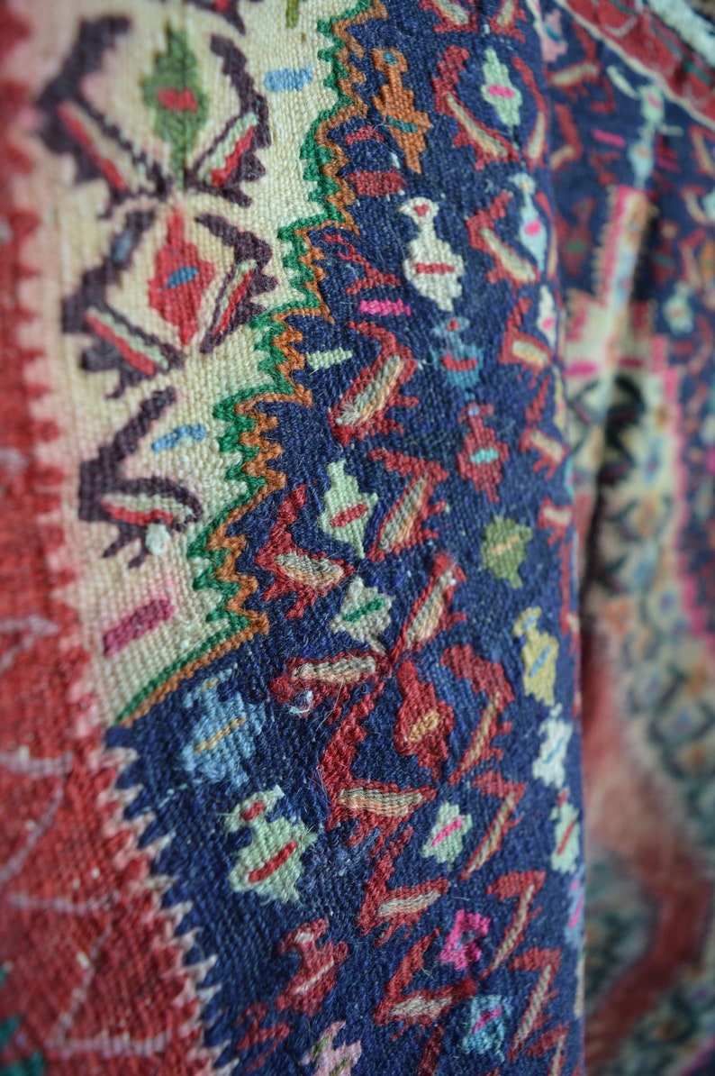 Colorful Vintage Rug Vintage Woven Rug Flat Weave Kilim Rug Fringed Rug Flat Weave Vintage Rug Distressed Rug Blue Vintage Rug
