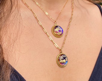 Vintage Glass Zodiac Necklace, Blue Purple Astrology Charm