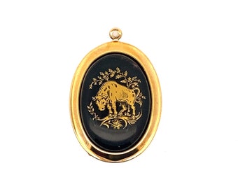 Rare Vintage Large black & gold Taurus zodiac charm necklace, Made in Germany in the 1970's, unique vintage horoscope gift, deadstock zodiac