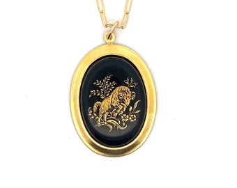 Rare Vintage Large black & gold Aries zodiac charm necklace, Made in Germany in the 1970's, unique vintage horoscope gift, deadstock zodiac