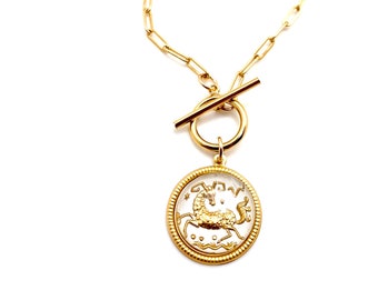 Vintage Aries Zodiac Necklace, Glass Charm, Gold Filled Toggle Chain