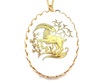 Vintage Capricorn Zodiac Necklace, Large Charm Pendant, Gold Plated Chain