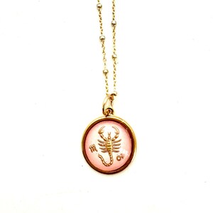 Adorable vintage pink Scorpio charm German glass 14 karat gold filled satellite chain birthday gift boho necklace gold star sign horoscope