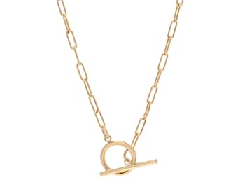 14k Gold Fill Paperclip Chain Necklace, Boho Toggle Clasp