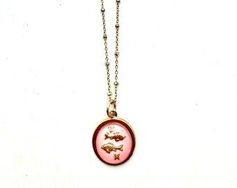 adorable vintage pink Pisces charm German glass 14 karat gold filled satellite chain birthday gift boho necklace gold star sign horoscope