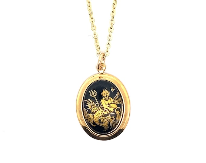 Vintage Aquarius Charm Necklace, Black & Gold, 1970s German Zodiac