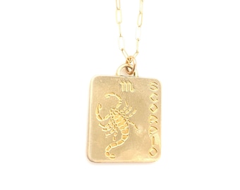 Vintage Brass Scorpio Necklace, Rectangular Zodiac Charm, Gold Horoscope Jewelry