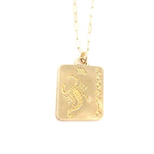 Rare Vintage Scorpio rectangular brass zodiac necklace, boho astrological necklace, gold horoscope jewelry Scorpio scorpion charm necklace