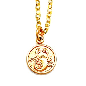 Tiny gold zodiac sign Vintage Scorpio necklace  Little zodiac disc  1970&#39;s zodiac charms  Stacking gold charm Scorpio horoscope