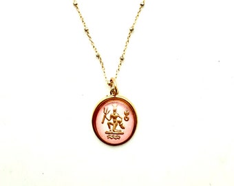 adorable vintage pink Aquarius charm German glass 14 karat gold filled satellite chain birthday gift boho necklace gold star sign horoscope