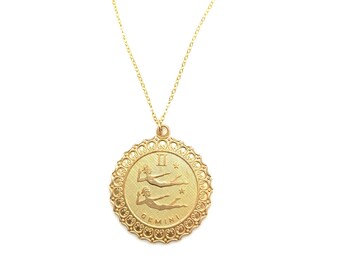 Naszyjnik z medalionem zodiaku Bliźnięta w stylu vintage, zawieszka z mosiądzu w stylu boho z motywem horoskopu