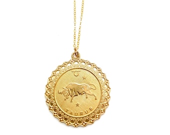 Large vintage zodiac sign disc necklace, cool boho Taurus horoscope sign charm, gold taurus bull astrological medallion necklace, brass disc