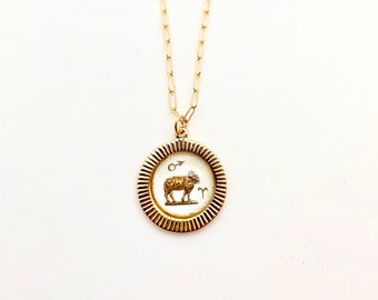 Vintage Glass Aries Zodiac Necklace, Gold Filled Paperclip Chain